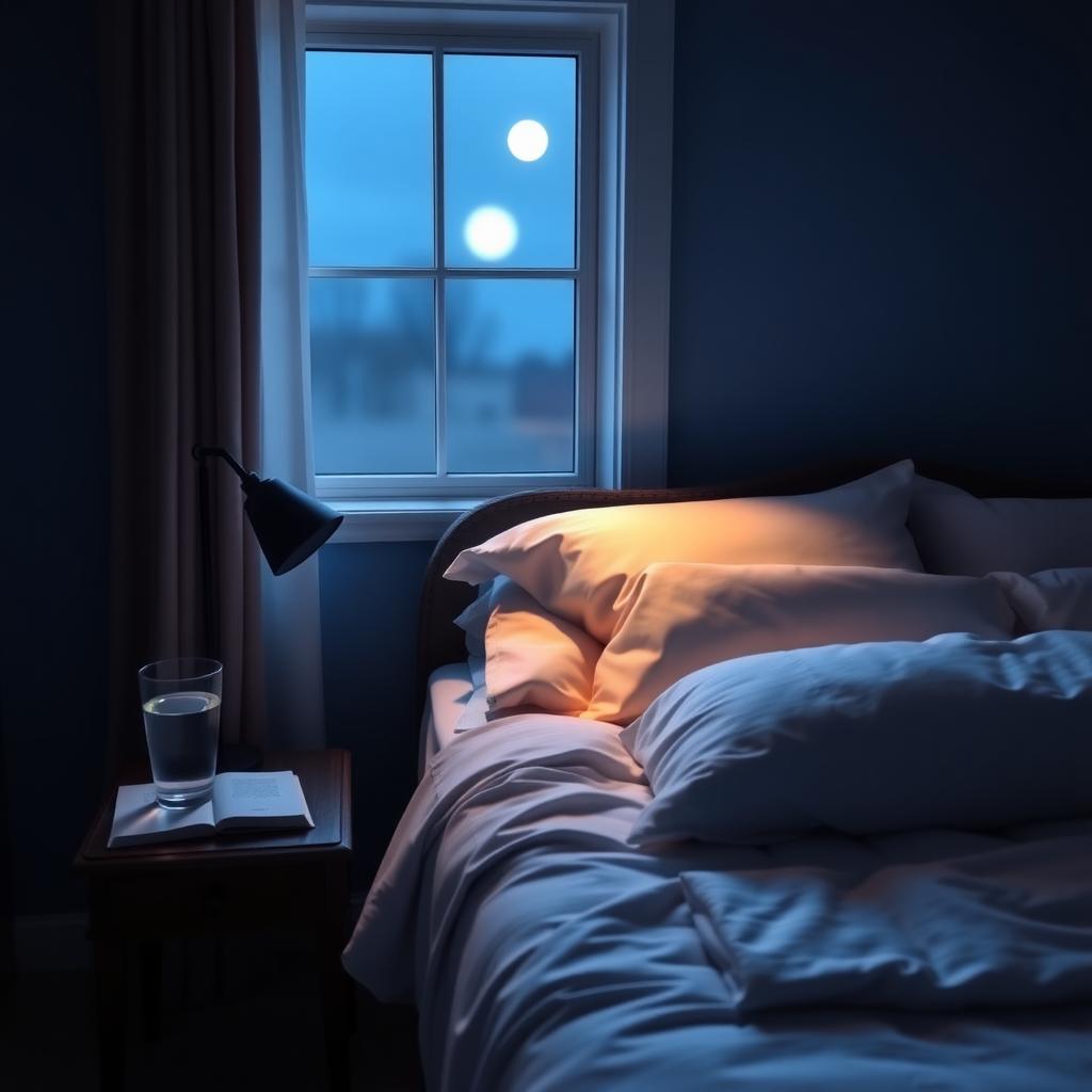 Dormitor confortabil cu lenjerie albă, lumină slabă și o fereastră prin care pătrunde lumina lunii, ideal pentru un somn odihnitor.