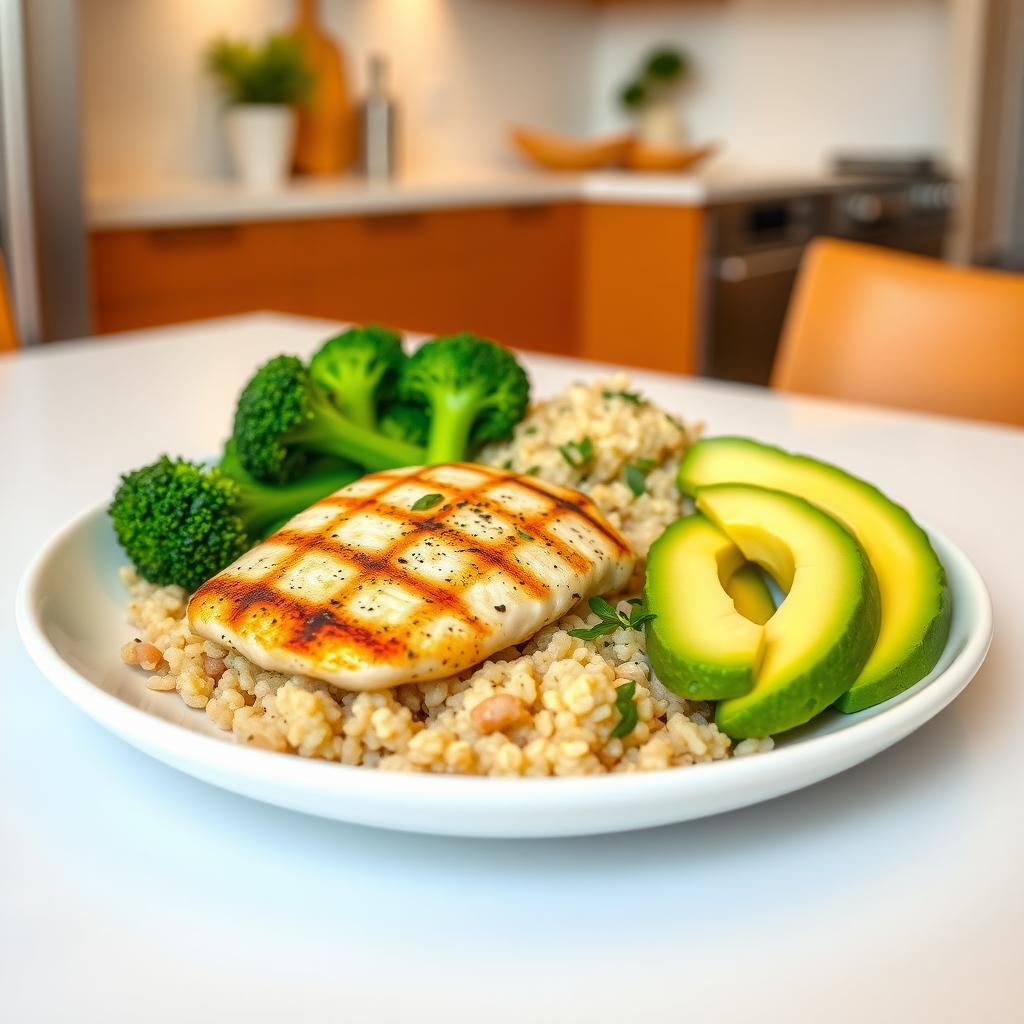 Farfurie sănătoasă cu piept de pui la grătar, broccoli fiert, quinoa și felii de avocado, așezate pe o farfurie albă, cu un fundal de bucătărie modernă.