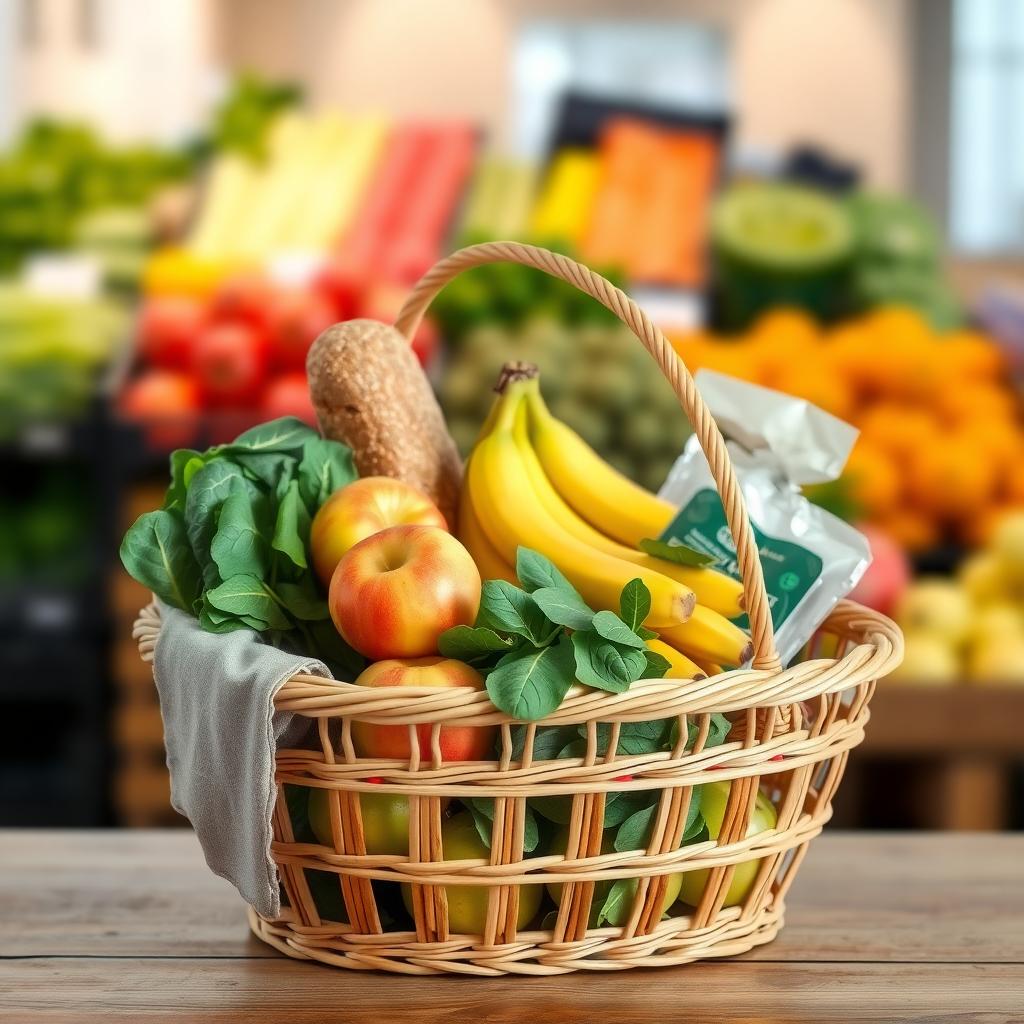 Un coș de cumpărături plin cu alimente sănătoase, precum mere, banane, spanac, pâine integrală și somon, pe o masă de lemn într-o piață.