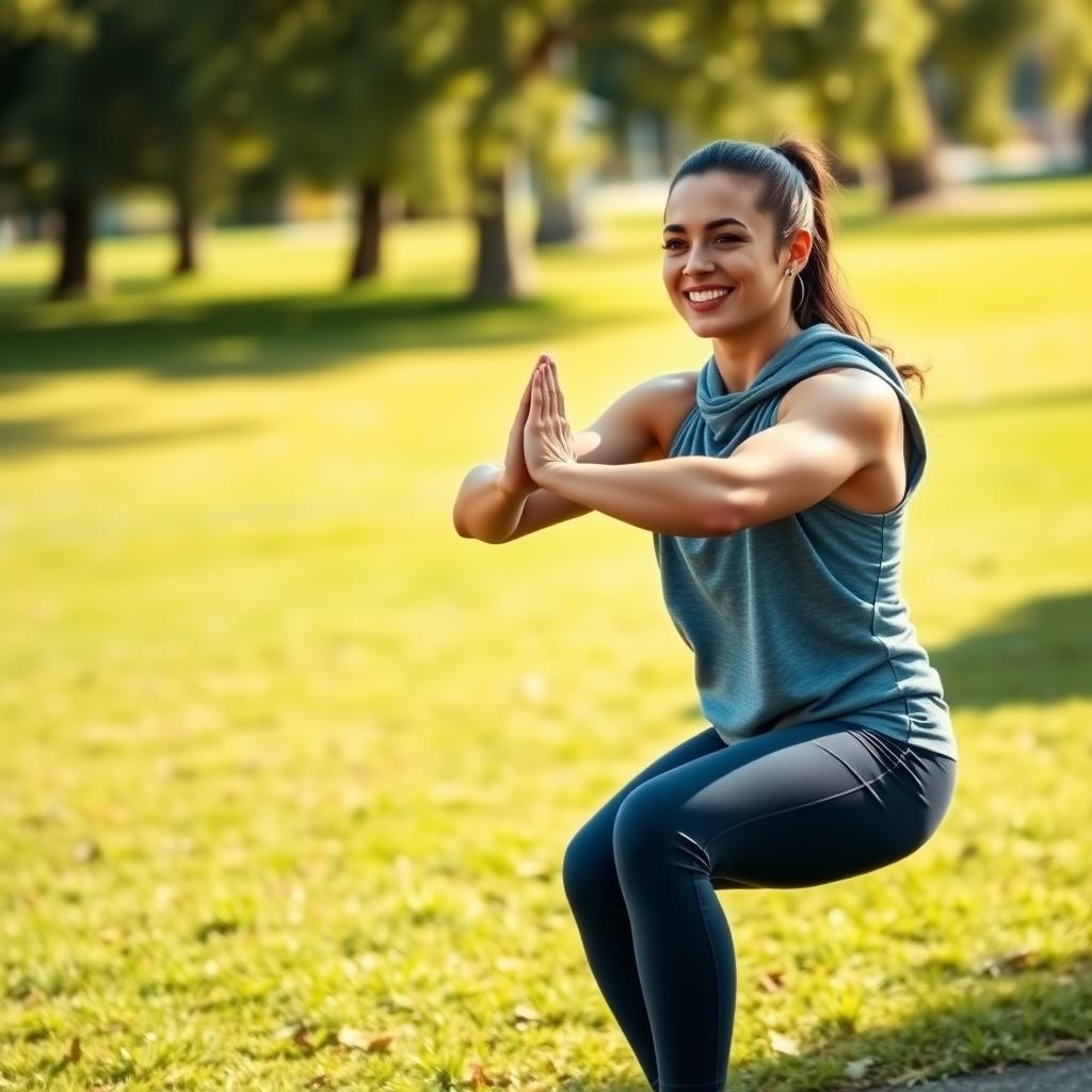 Persoană începătoare efectuând o genuflexiune în parc, într-o zi însorită, cu iarbă verde și copaci în fundal.
