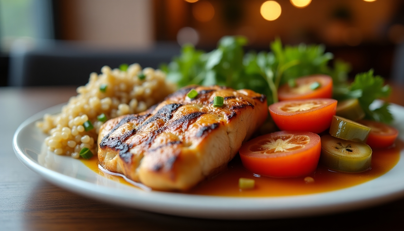 O farfurie cu pui la grătar, legume fierte la abur și quinoa, servită într-un restaurant confortabil.