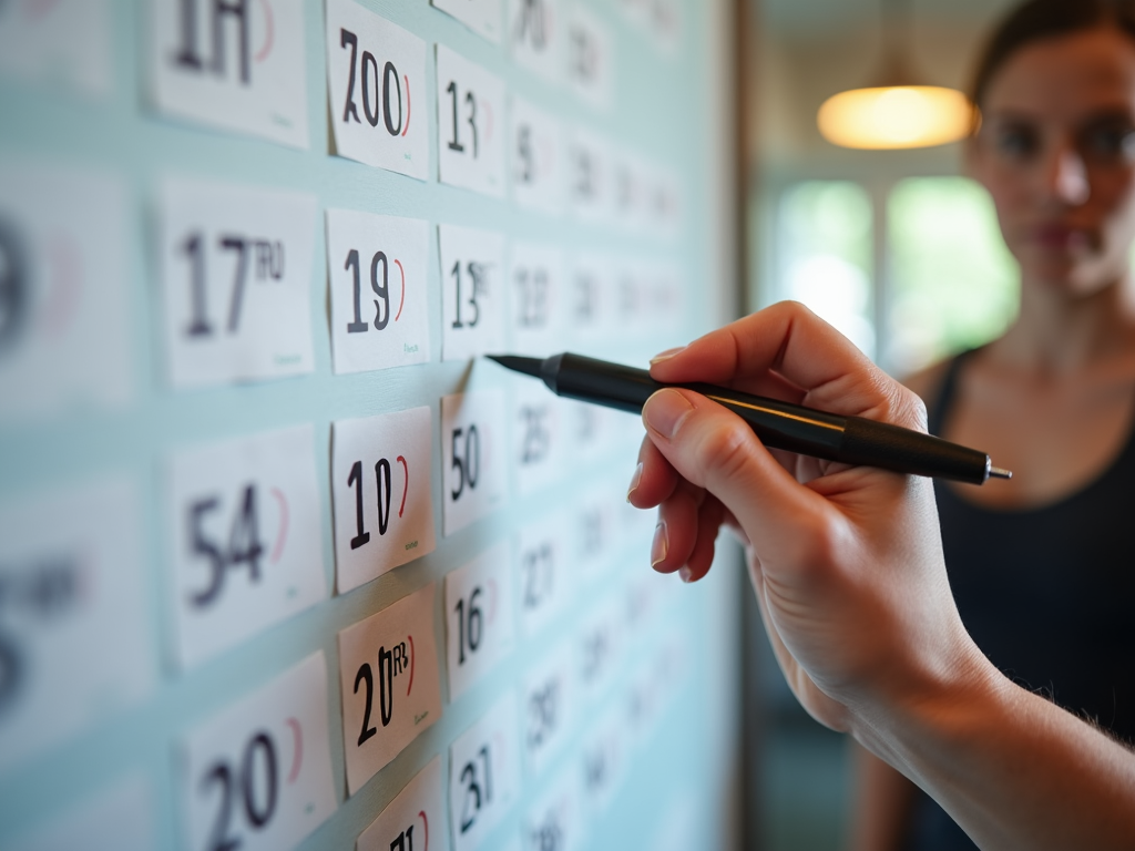 Persoana care bifeaza antrenamentele completate pe un calendar de fitness.