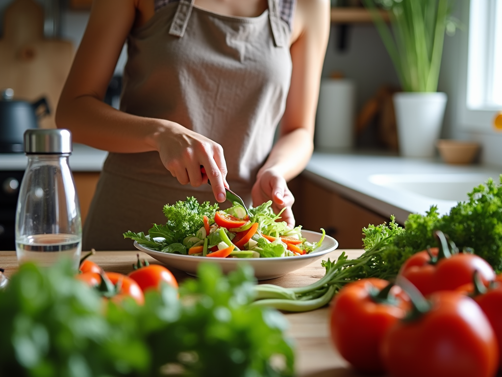 O persoană pregătește o salată colorată într-o bucătărie confortabilă, cu legume proaspete și o sticlă de apă pe masă.