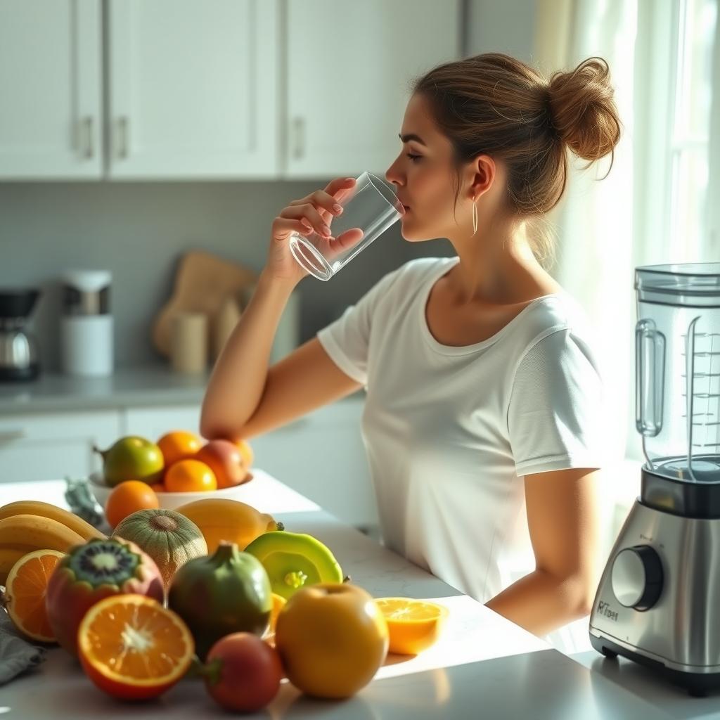 Scenă matinală liniștită cu o persoană care bea un pahar cu apă la blatul din bucătărie, înconjurată de fructe proaspete și un blender, cu lumina soarelui pătrunzând prin fereastră.