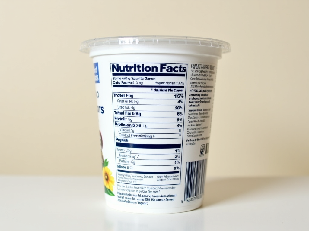 Etichetă nutrițională a unui recipient de iaurt, evidențiind proteinele, calciul și probioticele