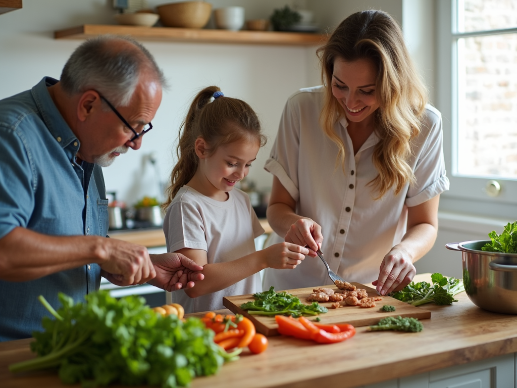 Familie gătind o masă sănătoasă într-o bucătărie de vacanță