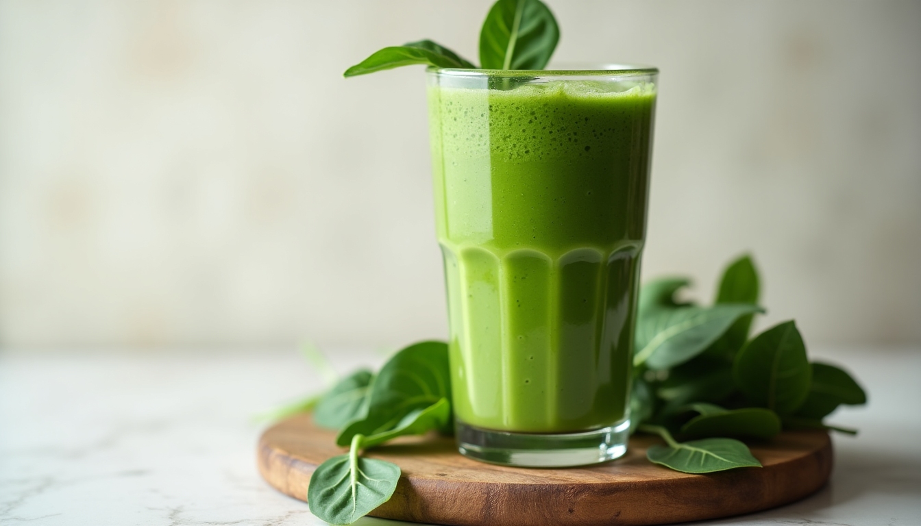 O băutură verde vibrantă într-un pahar înalt, cu câteva frunze de spanac pe același platou.