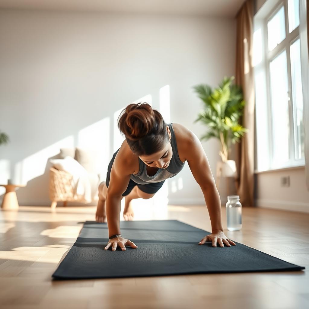 O persoană care face exercițiul plank pe un covoraș de yoga într-un living luminos, cu lumină naturală care intră printr-o fereastră mare și o sticlă de apă în apropiere.
