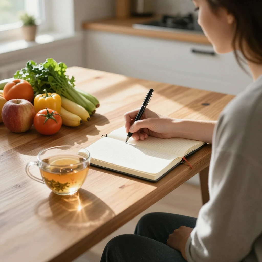 Persoană care notează obiceiuri alimentare la o masă cu ceai și fructe proaspete