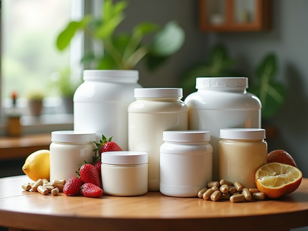 Pe o masă, mai multe suplimente alimentare, inclusiv proteine pudră și vitamine.