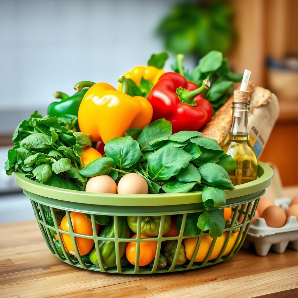 Un coș de cumpărături plin cu alimente sănătoase, incluzând ardei gras colorați, spanac, pâine integrală, ouă și o sticlă mică de ulei de măsline, așezat pe un blat de bucătărie din lemn.