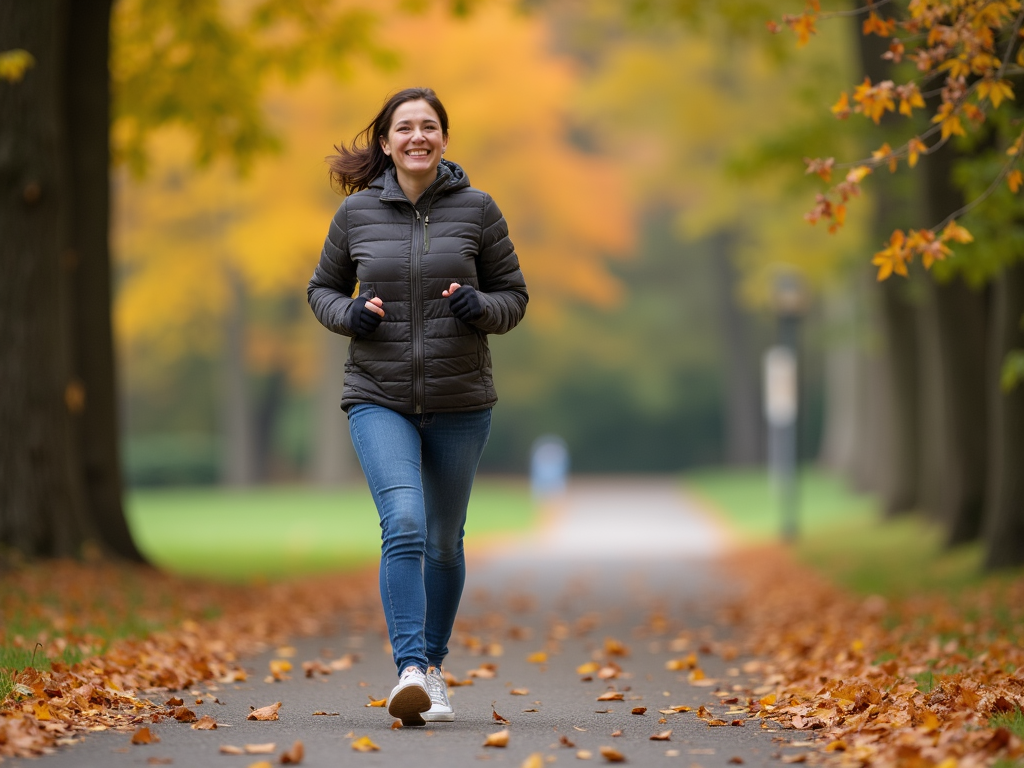 Persoană care se plimbă într-un parc toamna, bucurându-se de aerul proaspăt și mișcare.