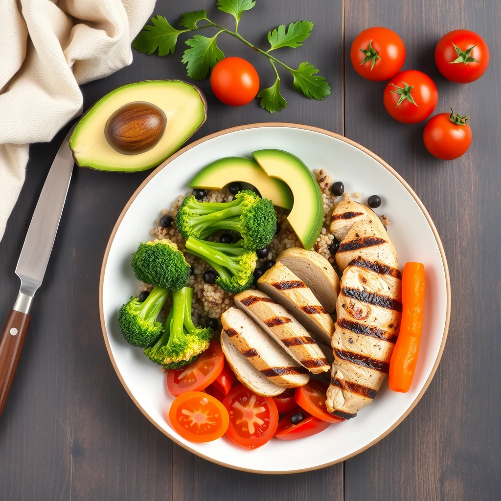 Farfurie colorată cu o masă echilibrată sănătoasă: pui la grătar, quinoa, broccoli, morcovi, roșii și avocado, vedere de sus
