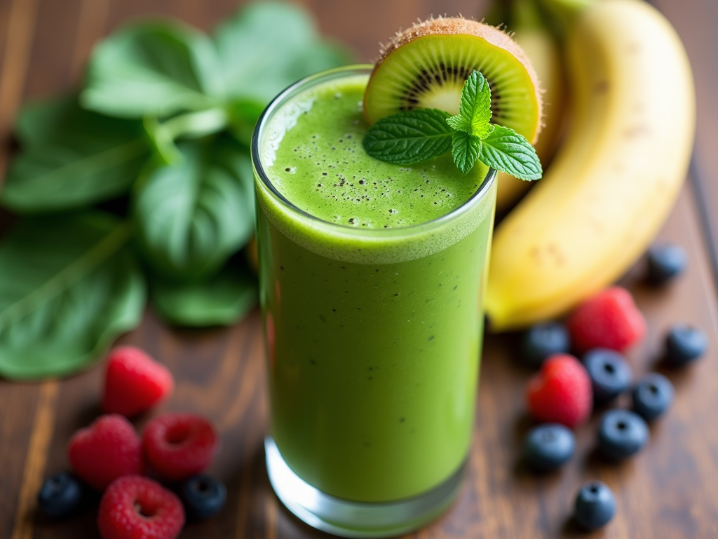 Smoothie verde proaspăt cu spanac și fructe