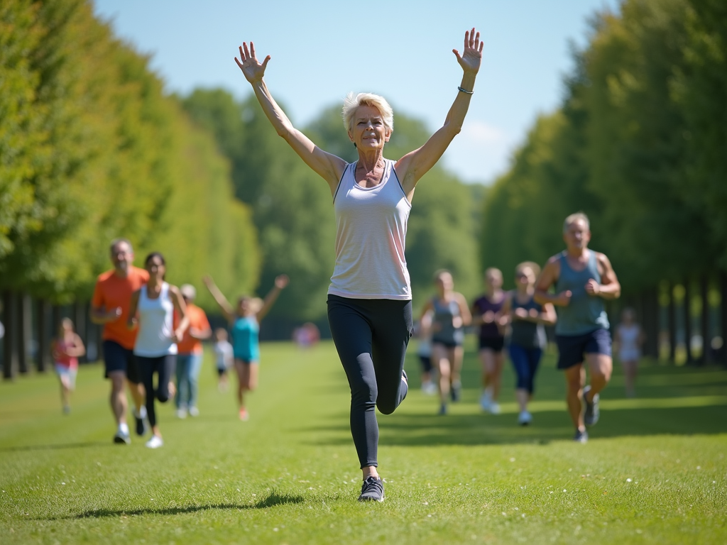 O femeie de vârstă mijlocie practicând yoga într-un parc liniștit.