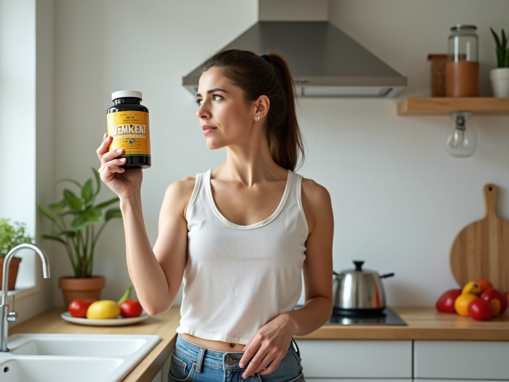 O persoană care ține o sticlă de suplimente pentru slăbit, arătând nedumerită, într-o bucătărie luminoasă cu alimente sănătoase pe masă.