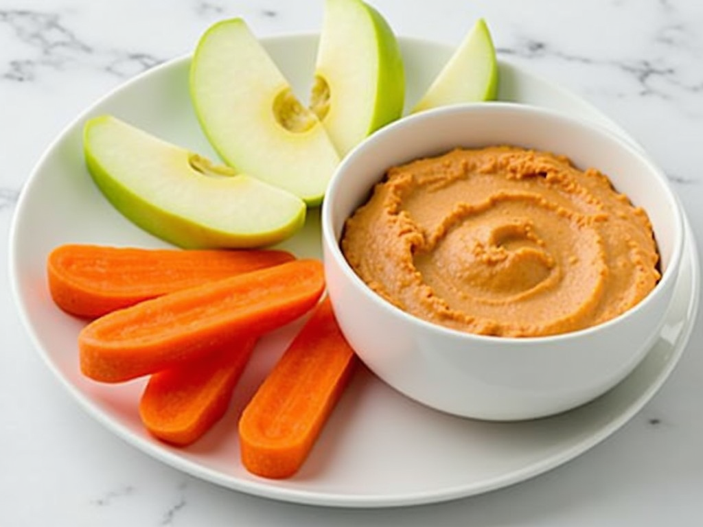 Platou cu mere, morcovi și hummus