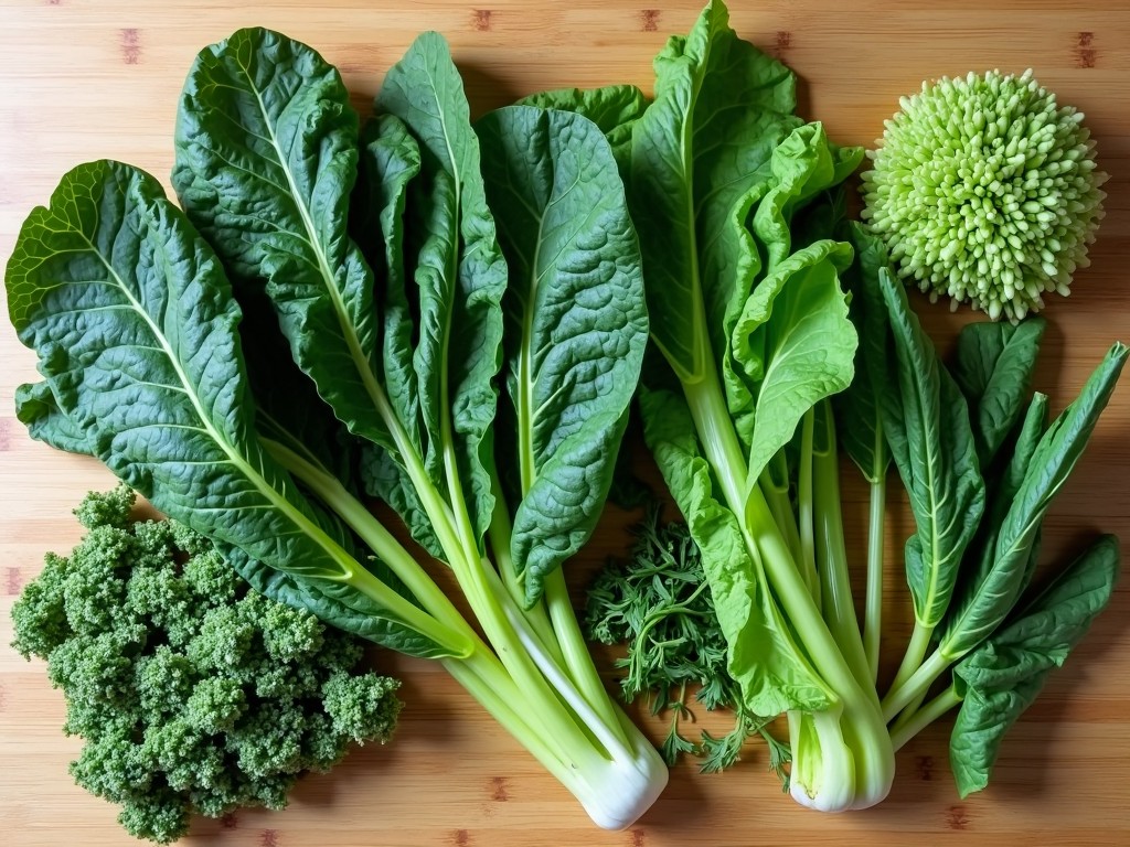 Fresh vegetables like broccoli, spinach, and kale spread out on a kitchen counter, symbolizing a nutritious and balanced approach.