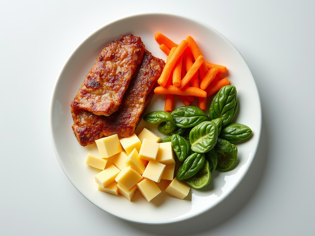Farfurie cu alimente echilibrate, împărțită în secțiuni pentru proteine, grăsimi sănătoase și carbohidrați complecși.