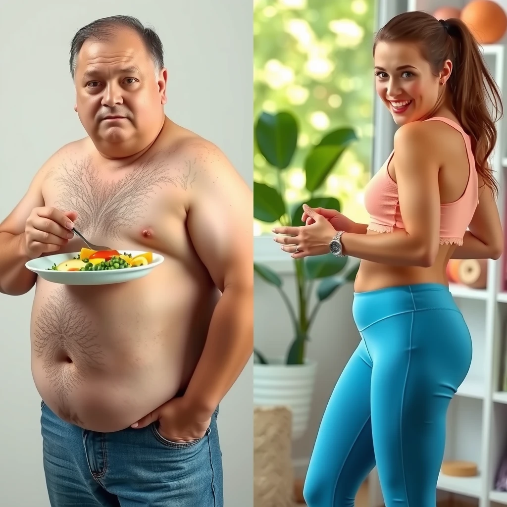 Imagine înainte și după: persoana obosită și supraponderală înainte, versus fericită și în formă după adoptarea unei alimentații sănătoase