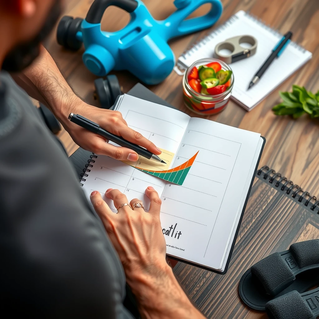 Persoană fită notând progresul într-un jurnal de fitness, înconjurată de mâncare sănătoasă preparată și echipament de antrenament