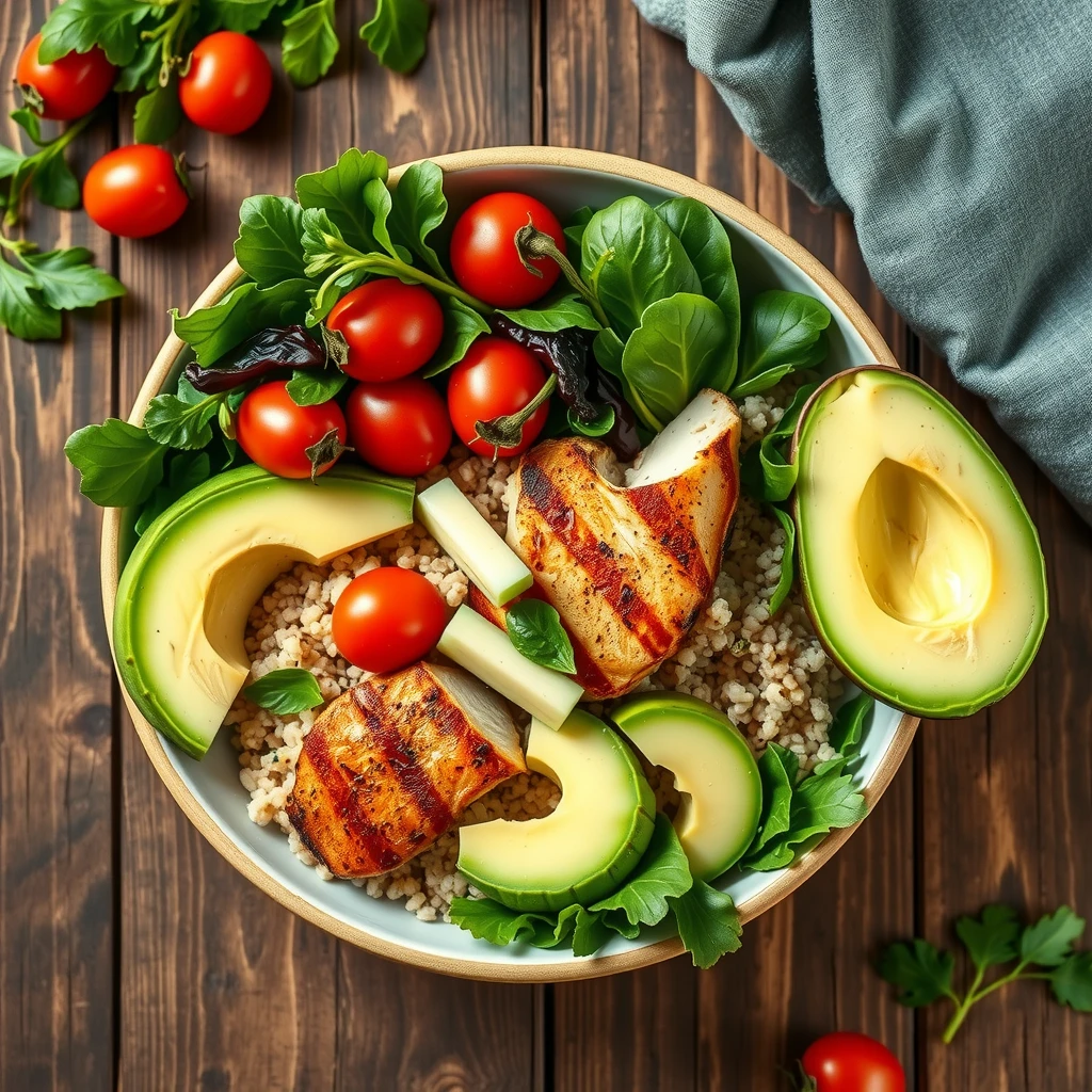 Bol sănătos cu pui la grătar, quinoa, legume proaspete și avocado văzut de sus