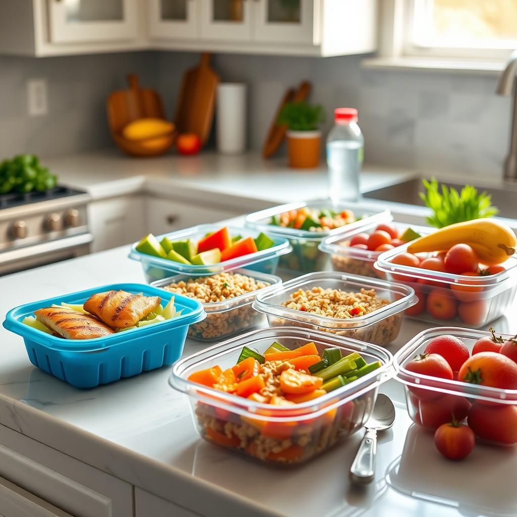 Preparare sănătoasă a meselor pe un blat de bucătărie, cu recipiente pline de pui la grătar, legume aburite, quinoa și fructe proaspete.