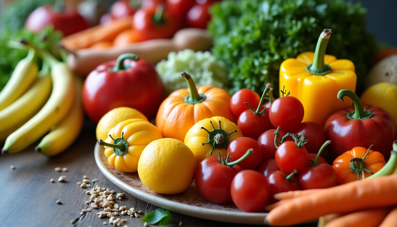 Imagine cu o masă cu diverse alimente sănătoase colorate, inclusiv fructe și legume proaspete.