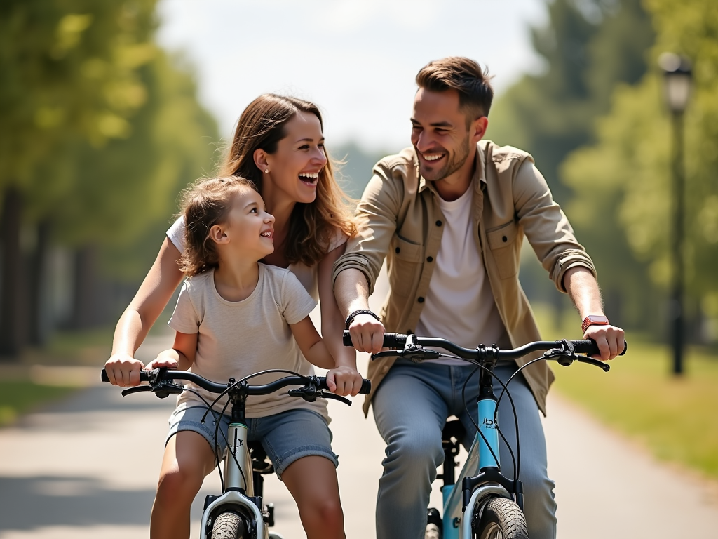 Familie care merge cu bicicleta împreună într-o zi însorită, zâmbind și bucurându-se de activitate.