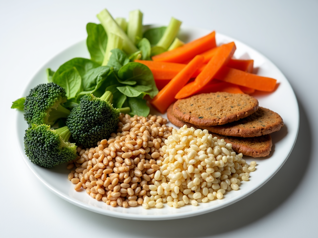 O farfurie echilibrată cu legume, proteine și cereale, reprezentând o dietă sănătoasă pentru slăbit.