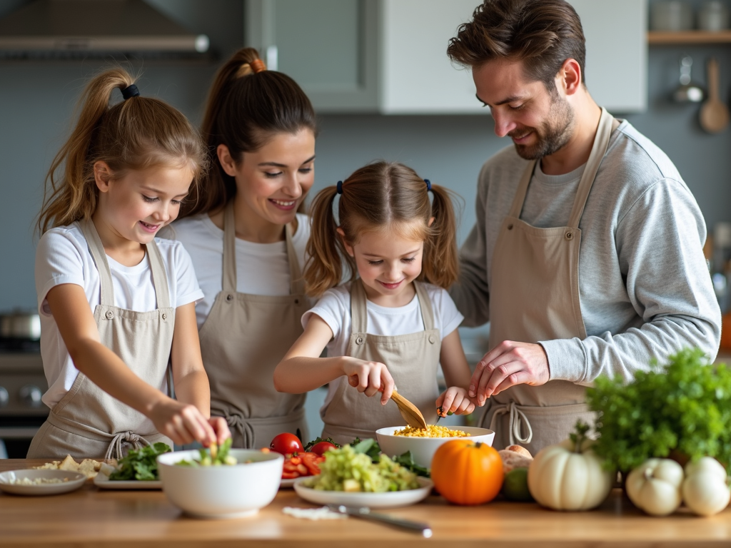 O familie gătește împreună o masă sănătoasă