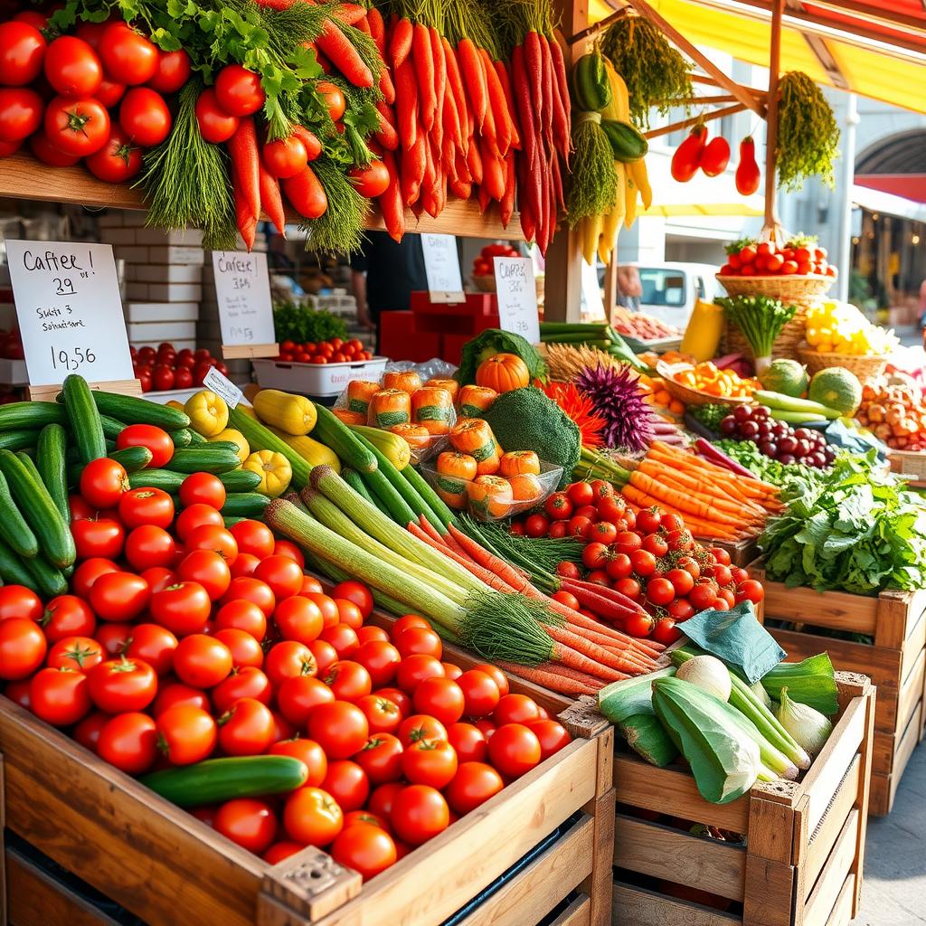Imagine fotorealistă a unei tarabe de piață plină cu legume proaspete, colorate, precum roșii, castraveți, morcovi și verdețuri, aranjate în lădițe de lemn sub lumina naturală a soarelui.