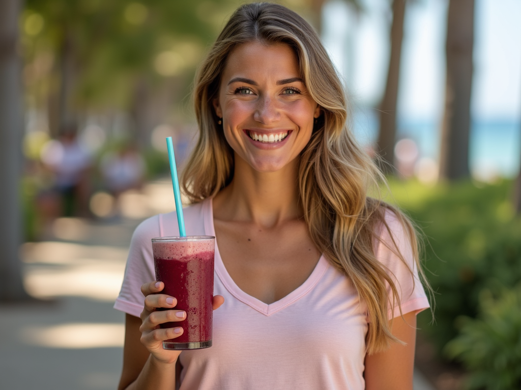 Persoană care sărbătorește o reușită, ținând un smoothie sănătos și zâmbind afară