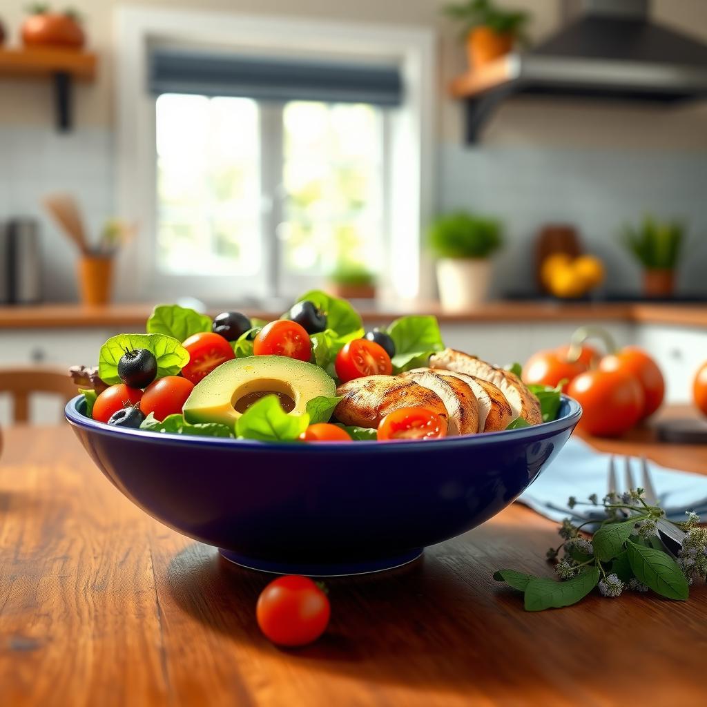 Masă sănătoasă cu salată proaspătă, roșii cherry, avocado și pui la grătar, așezată pe o masă din lemn într-o bucătărie luminoasă.
