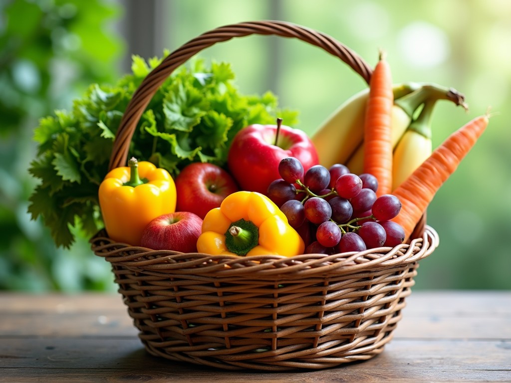 Un coș plin cu fructe și legume proaspete colorate, simbolizând varietatea în alimentație.