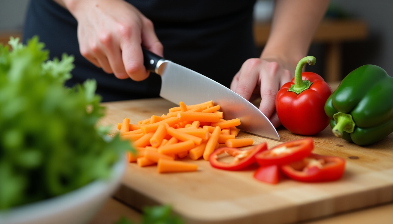 Mâinile unei persoane care taie legume proaspete precum morcovi, ardei gras și zucchini pe o tocătoare din lemn, cu un cuțit de bucătar și un bol cu verdețuri amestecate în apropiere.