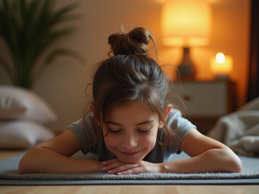 Persoană în postura Copilului (Balasana) într-un mediu relaxant de acasă