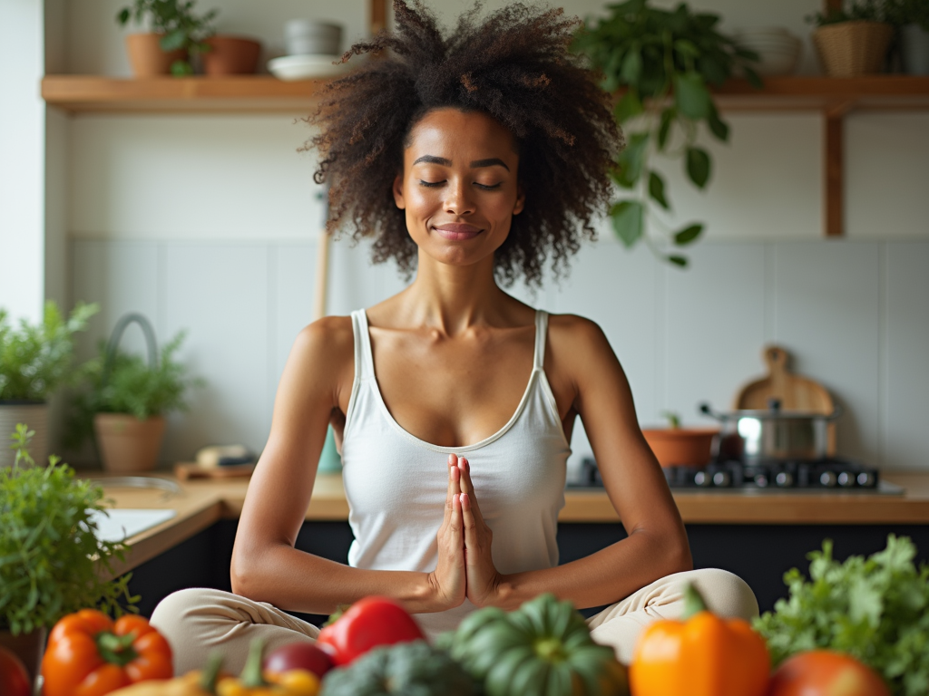 Persoană meditând într-o bucătărie plină de fructe și legume proaspete