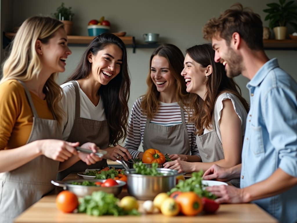 Un grup de prieteni care gătesc împreună într-o bucătărie, râzând și bucurându-se de proces. Imaginea transmite sentimentul de comunitate și sprijin într-o călătorie spre un stil de viață sănătos.