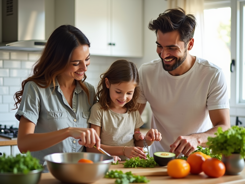 Familie gătind împreună o masă sănătoasă, cu legume și proteine slabe
