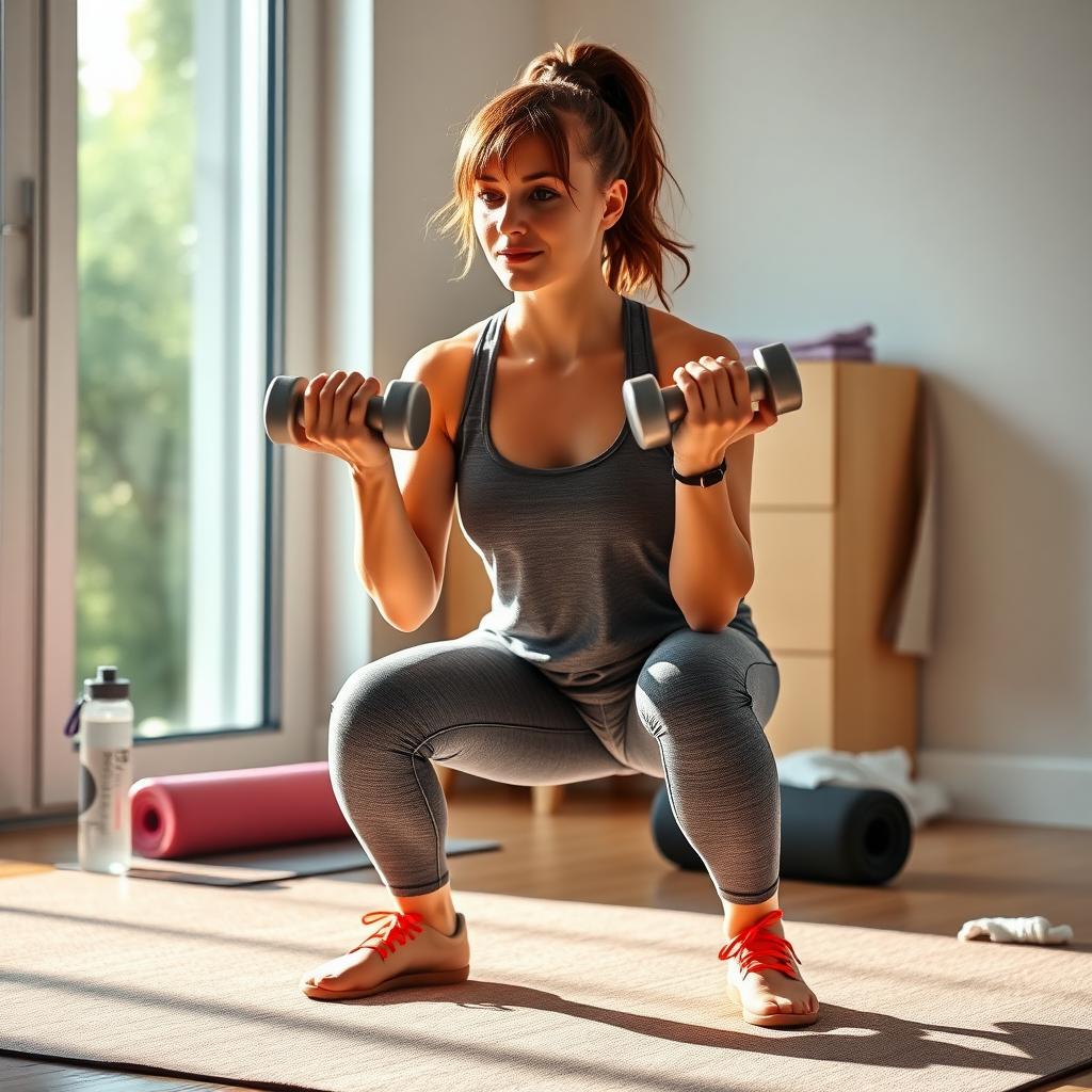 Persoană care efectuează genuflexiuni cu gantere într-o sală de sport de acasă, cu lumină naturală.