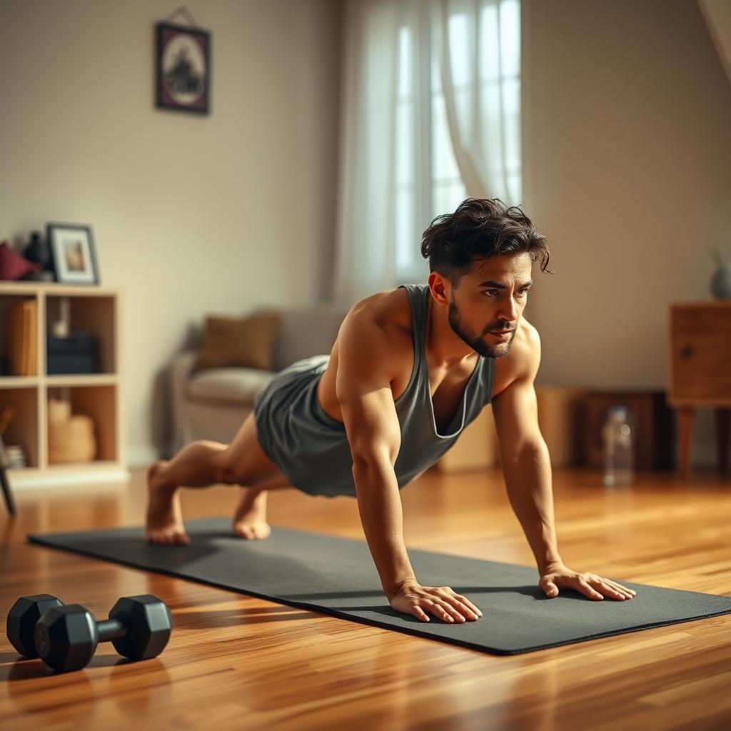 Persoană care efectuează exercițiul plank pe o saltea de yoga într-un spațiu de antrenament confortabil de acasă.