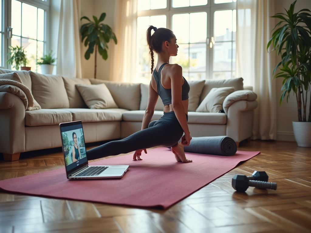Sufragerie confortabilă transformată în spațiu de antrenament acasă, cu o saltea de yoga, gantere ușoare și un laptop care redă un videoclip de exerciții.