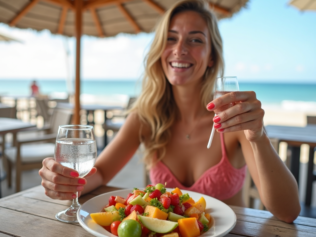 Persoană savurând o salată de fructe sănătoasă la o cafenea pe plajă