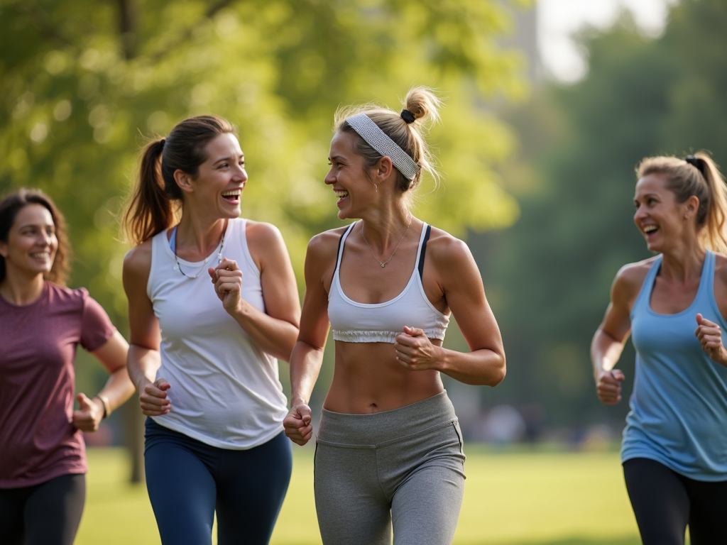 Un grup de oameni care fac exerciții împreună într-un parc, zâmbind și încurajându-se reciproc.