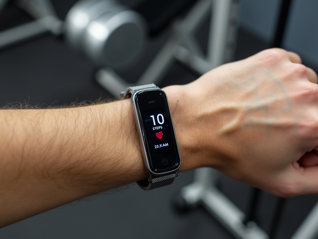 Un tracker de fitness care arată pașii și ritmul cardiac.