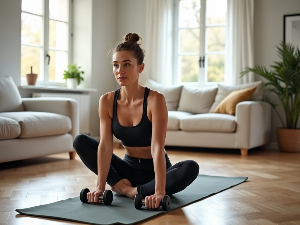 O persoană care face exerciții fizice acasă, folosind o saltea de yoga și gantere, într-un living luminos și aerisit.