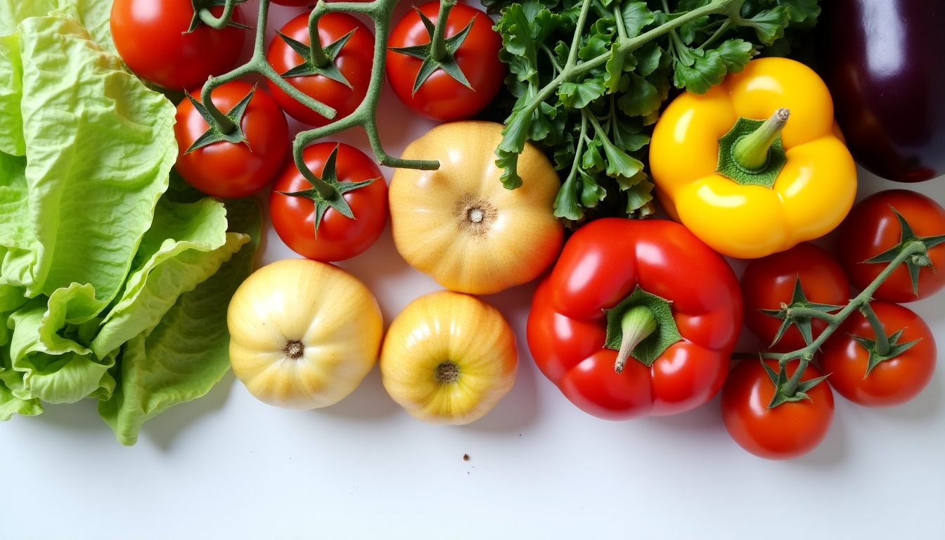 Fotografie cu o bogată selecție de fructe și legume proaspete, aranjate atractiv pe o masă albă