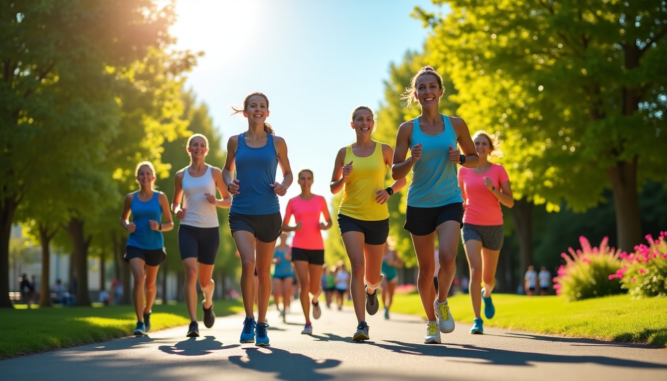 Jogging in a park on a sunny day with a focus on individual runners.