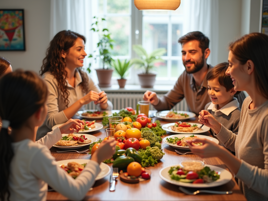 Familie bucurându-se de o masă sănătoasă împreună